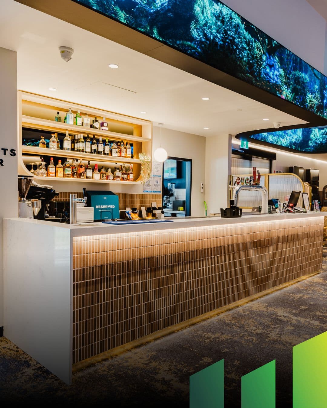 Ceilings, curved bulkhead and bar interior in the refurbished Willow Hotel